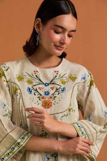 Shop_POZRUH_Ivory Tencel, Hemp Round Neck Verdant Embroidered Yoke Dress _Online_at_Aza_Fashions