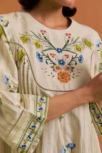 POZRUH_Ivory Tencel, Hemp Round Neck Verdant Embroidered Yoke Dress _at_Aza_Fashions