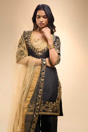 Samyukta Singhania Black Silk, Net, Dupion V-neck, Yes Contrast Embroidered Yoke Kurta Set Online at Aza Fashions Samyukta Singhania_Black Silk, Net, Dupion V-neck, Yes Contrast Embroidered Yoke Kurta Set _Online_at_Aza_Fashions