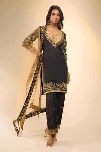 Shop Samyukta Singhania Black Silk, Net, Dupion V-neck, Yes Contrast Embroidered Yoke Kurta Set Online at Aza Fashions Shop_Samyukta Singhania_Black Silk, Net, Dupion V-neck, Yes Contrast Embroidered Yoke Kurta Set _Online_at_Aza_Fashions