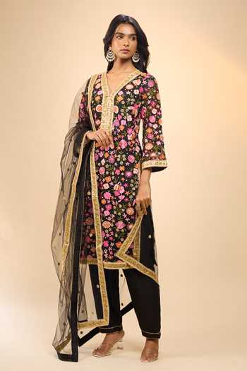 Shop_Samyukta Singhania_Black Net V-neck Machine Embroidery Straight Kurta Set With Dupatta _Online_at_Aza_Fashions