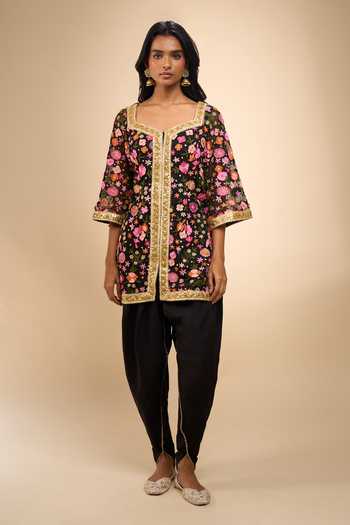 Samyukta Singhania_Black Net Embroidered Kurta And Dhoti Pant Set _at_Aza_Fashions