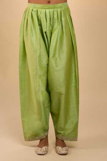 Buy_Samyukta Singhania_Green Silk Round Neck Embroidered Yoke Kurta Set  _Online_at_Aza_Fashions