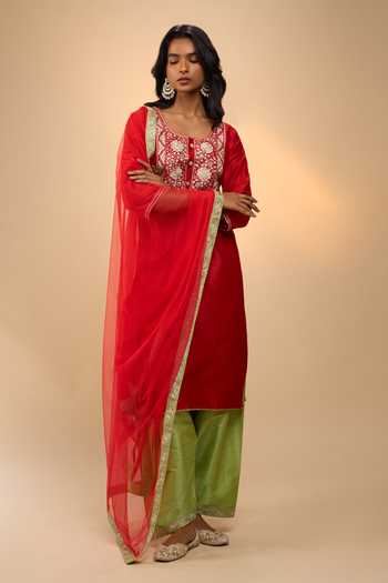 Shop_Samyukta Singhania_Green Silk Round Neck Embroidered Yoke Kurta Set  _Online_at_Aza_Fashions