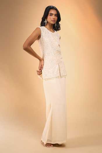 Samyukta Singhania Ivory Chanderi Round Neck Embroidered Jacket And Pant Set Online at Aza Fashions Samyukta Singhania_Ivory Chanderi Round Neck Embroidered Jacket And Pant Set _Online_at_Aza_Fashions