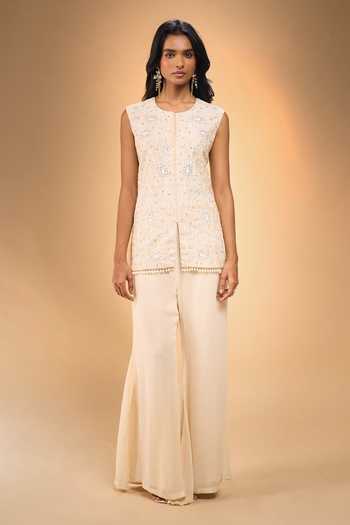 Samyukta Singhania Ivory Chanderi Round Neck Embroidered Jacket And Pant Set at Aza Fashions Samyukta Singhania_Ivory Chanderi Round Neck Embroidered Jacket And Pant Set _at_Aza_Fashions