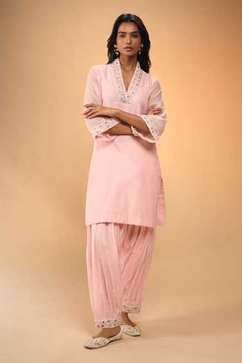Shop Samyukta Singhania Pink Chanderi V-neck Embroidered Kurta And Salwar Set Online at Aza Fashions Shop_Samyukta Singhania_Pink Chanderi V-neck Embroidered Kurta And Salwar Set _Online_at_Aza_Fashions