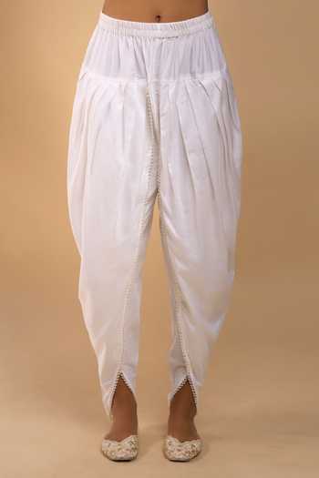 Samyukta Singhania_Ivory Chanderi Embroidery V-neck, Yes Machine Kurta Set With Dhoti Pant _Online_at_Aza_Fashions