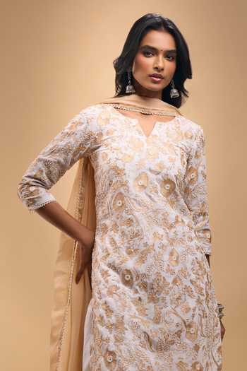 Buy_Samyukta Singhania_Ivory Chanderi Embroidery V-neck, Yes Machine Kurta Set With Dhoti Pant _Online_at_Aza_Fashions