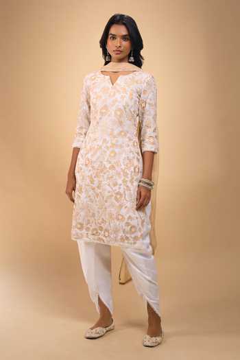 Shop_Samyukta Singhania_Ivory Chanderi Embroidery V-neck, Yes Machine Kurta Set With Dhoti Pant _Online_at_Aza_Fashions