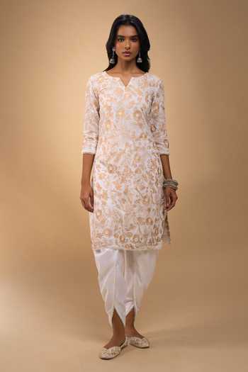 Samyukta Singhania_Ivory Chanderi Embroidery V-neck, Yes Machine Kurta Set With Dhoti Pant _at_Aza_Fashions