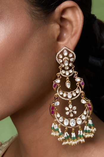 Preeti Mohan_Gold Plated Kiara Polki Long Chandbali Earrings _Online_at_Aza_Fashions