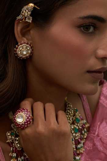 Preeti Mohan Gold Plated Reeva Polki Round Stud Earrings Online at Aza Fashions Preeti Mohan_Gold Plated Reeva Polki Round Stud Earrings _Online_at_Aza_Fashions