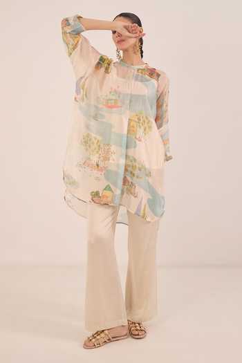 Shivani Bhargava_Ivory , Satin, Organza Mandarin Safar Printed Kimono Kurta And Pant Set _at_Aza_Fashions