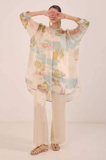 Shivani Bhargava_Ivory Organza Mandarin Collar Safar Printed Silk Kimono Kurta _Online_at_Aza_Fashions