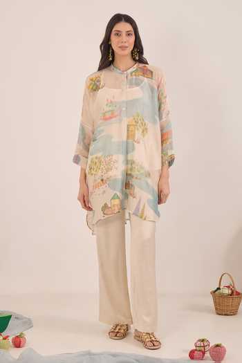 Shop_Shivani Bhargava_Ivory Organza Mandarin Collar Safar Printed Silk Kimono Kurta _Online_at_Aza_Fashions