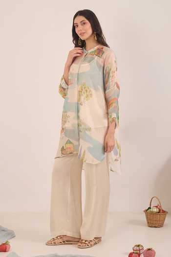Shivani Bhargava_Ivory Organza Mandarin Collar Safar Printed Silk Kimono Kurta _at_Aza_Fashions