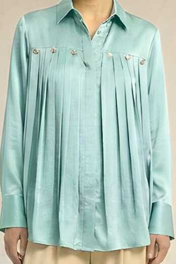Neora By Nehal Chopra_Blue Tropical Breeze Gathered Shirt For Kids_Online_at_Aza_Fashions