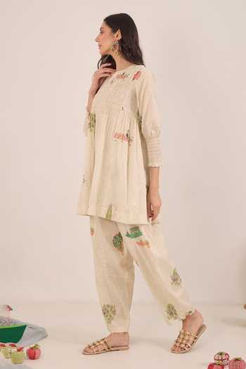 Shivani Bhargava_Cream Cotton Round Neck, Yes Gulposh Smocking Kurta And Pant Set _Online_at_Aza_Fashions