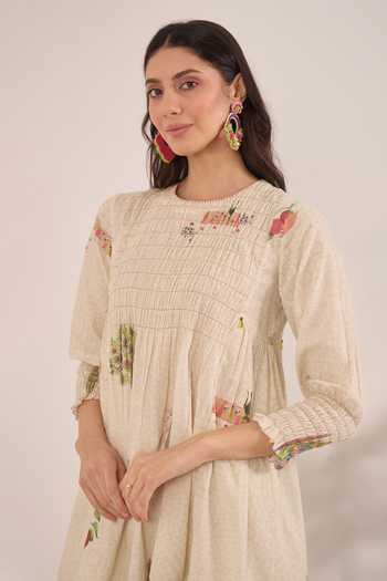 Shop_Shivani Bhargava_Cream Cotton Round Neck, Yes Gulposh Smocking Kurta And Pant Set 