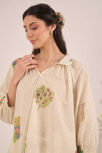 Shop Shivani Bhargava Cream Cotton Collared Neck Gulposh Raglan Sleeve Shirt Shop_Shivani Bhargava_Cream Cotton Collared Neck Gulposh Raglan Sleeve Shirt