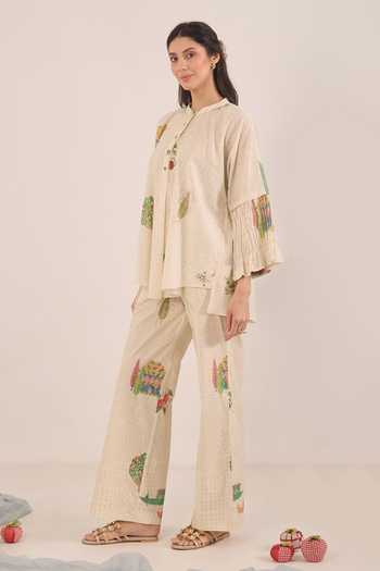 Shivani Bhargava Cream Cotton Mandarin Collar Gulposh Kimono Top And Pant Set Online at Aza Fashions Shivani Bhargava_Cream Cotton Mandarin Collar Gulposh Kimono Top And Pant Set _Online_at_Aza_Fashions
