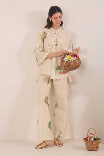 Buy Shivani Bhargava Cream Cotton Mandarin Collar Gulposh Kimono Top And Pant Set Online at Aza Fashions Buy_Shivani Bhargava_Cream Cotton Mandarin Collar Gulposh Kimono Top And Pant Set _Online_at_Aza_Fashions