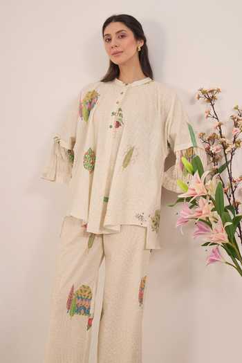 Shivani Bhargava Cream Cotton Mandarin Collar Gulposh Kimono Top And Pant Set at Aza Fashions Shivani Bhargava_Cream Cotton Mandarin Collar Gulposh Kimono Top And Pant Set _at_Aza_Fashions