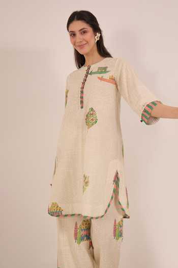 Shivani Bhargava Cream Cotton Mandarin Collar Gulposh Kurta And Pant Set Online at Aza Fashions Shivani Bhargava_Cream Cotton Mandarin Collar Gulposh Kurta And Pant Set _Online_at_Aza_Fashions