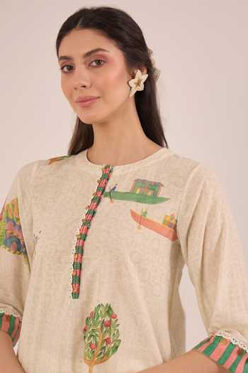 Shop Shivani Bhargava Cream Cotton Mandarin Collar Gulposh Kurta And Pant Set Shop_Shivani Bhargava_Cream Cotton Mandarin Collar Gulposh Kurta And Pant Set