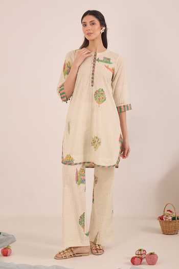 Buy_Shivani Bhargava_Cream Cotton Round Neck Gulposh Print Short Tunic _Online_at_Aza_Fashions