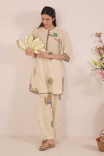 Shop_Shivani Bhargava_Cream Cotton Round Neck Gulposh Print Short Tunic _Online_at_Aza_Fashions