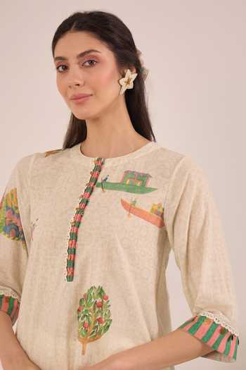 Buy_Shivani Bhargava_Cream Cotton Round Neck Gulposh Print Short Tunic 