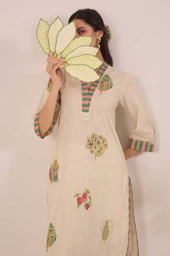 Shop_Shivani Bhargava_Cream Cotton Notched Neck, Yes Gulposh Nature Print Kurta _Online_at_Aza_Fashions