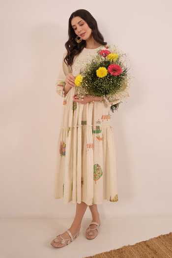 Shivani Bhargava Cream Cotton Round Neck Gulposh Scenic Print Smocked Midi Dress Online at Aza Fashions Shivani Bhargava_Cream Cotton Round Neck Gulposh Scenic Print Smocked Midi Dress _Online_at_Aza_Fashions