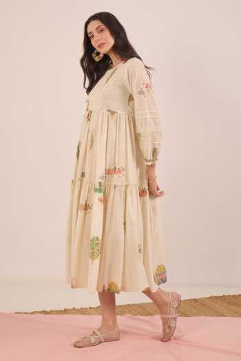 Buy Shivani Bhargava Cream Cotton Round Neck Gulposh Scenic Print Smocked Midi Dress Online at Aza Fashions Buy_Shivani Bhargava_Cream Cotton Round Neck Gulposh Scenic Print Smocked Midi Dress _Online_at_Aza_Fashions