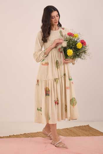 Shop Shivani Bhargava Cream Cotton Round Neck Gulposh Scenic Print Smocked Midi Dress Online at Aza Fashions Shop_Shivani Bhargava_Cream Cotton Round Neck Gulposh Scenic Print Smocked Midi Dress _Online_at_Aza_Fashions