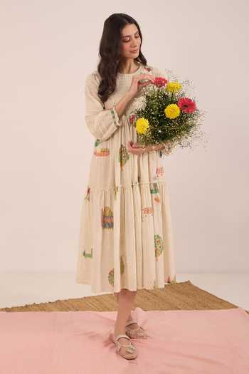 Buy Shivani Bhargava Cream Cotton Round Neck Gulposh Scenic Print Smocked Midi Dress Buy_Shivani Bhargava_Cream Cotton Round Neck Gulposh Scenic Print Smocked Midi Dress