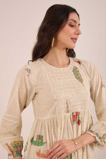 Shop Shivani Bhargava Cream Cotton Round Neck Gulposh Scenic Print Smocked Midi Dress Shop_Shivani Bhargava_Cream Cotton Round Neck Gulposh Scenic Print Smocked Midi Dress