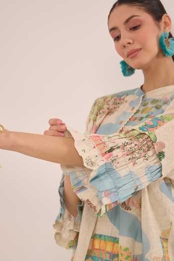 Buy_Shivani Bhargava_Cream Cotton Mandarin Collar Safar Landscape Print Kimono Top _Online_at_Aza_Fashions