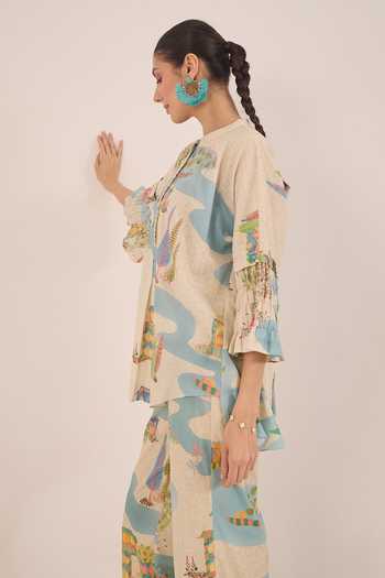 Shivani Bhargava Cream Cotton Mandarin Collar Safar Namah Printed Top With Wide Leg Pant at Aza Fashions Shivani Bhargava_Cream Cotton Mandarin Collar Safar Namah Printed Top With Wide Leg Pant _at_Aza_Fashions