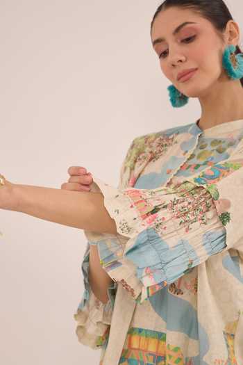 Buy Shivani Bhargava Cream Cotton Mandarin Collar Safar Namah Printed Top With Wide Leg Pant Buy_Shivani Bhargava_Cream Cotton Mandarin Collar Safar Namah Printed Top With Wide Leg Pant