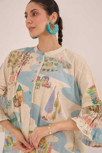 Shop Shivani Bhargava Cream Cotton Mandarin Collar Safar Namah Printed Top With Wide Leg Pant Shop_Shivani Bhargava_Cream Cotton Mandarin Collar Safar Namah Printed Top With Wide Leg Pant