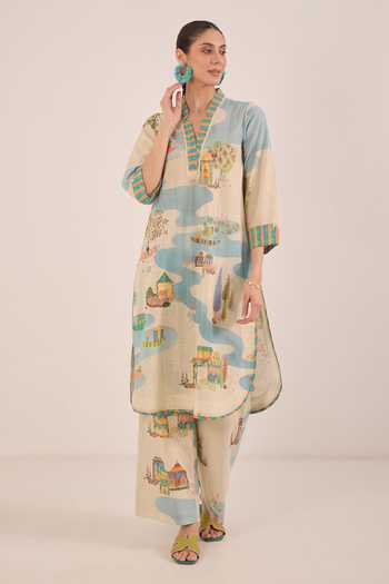 Shivani Bhargava_Cream Cotton Notched Neck Safar Printed Kurta And Pant Co-ord Set _Online_at_Aza_Fashions