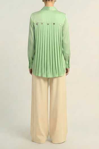 Neora By Nehal Chopra Ash Green Gathered Shirt For Kids