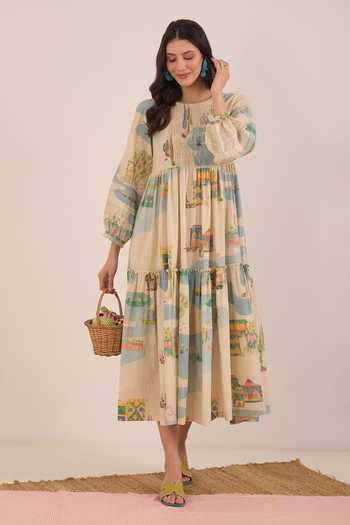 Buy Shivani Bhargava Cream Cotton Round Neck Safar Scenic Print Midi Dress Buy_Shivani Bhargava_Cream Cotton Round Neck Safar Scenic Print Midi Dress