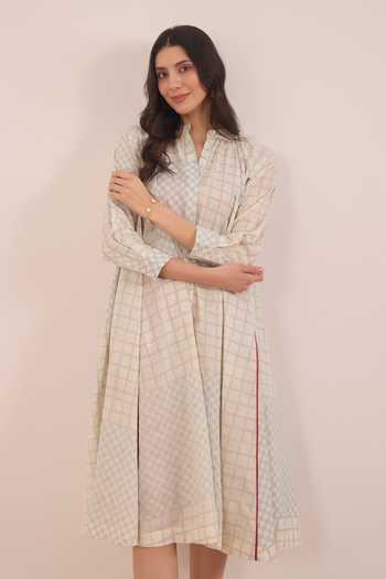 Shivani Bhargava_Blue Cotton Mandarin Collar Sheen Checkered Midi Dress _Online_at_Aza_Fashions
