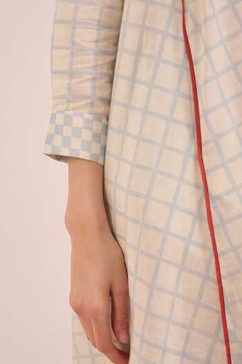 Buy_Shivani Bhargava_Blue Cotton Mandarin Collar Sheen Checkered Midi Dress _Online_at_Aza_Fashions