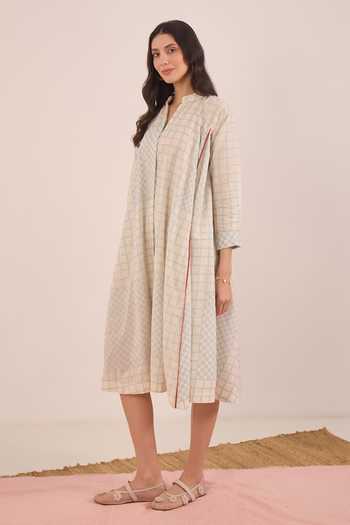 Shop_Shivani Bhargava_Blue Cotton Mandarin Collar Sheen Checkered Midi Dress _Online_at_Aza_Fashions