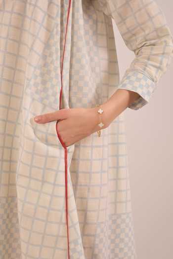 Shivani Bhargava_Blue Cotton Mandarin Collar Sheen Checkered Midi Dress _at_Aza_Fashions